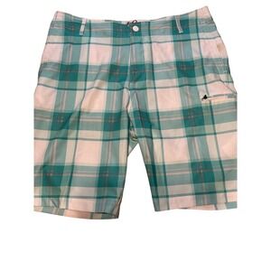 Red Camel Plaid Golf Shorts Men Sz 33 Turquoise White Flat Front Pocket Zip